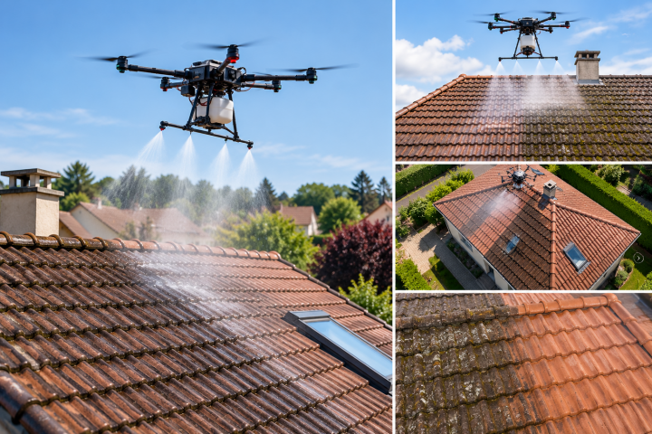 Drone de traitement des toitures en action